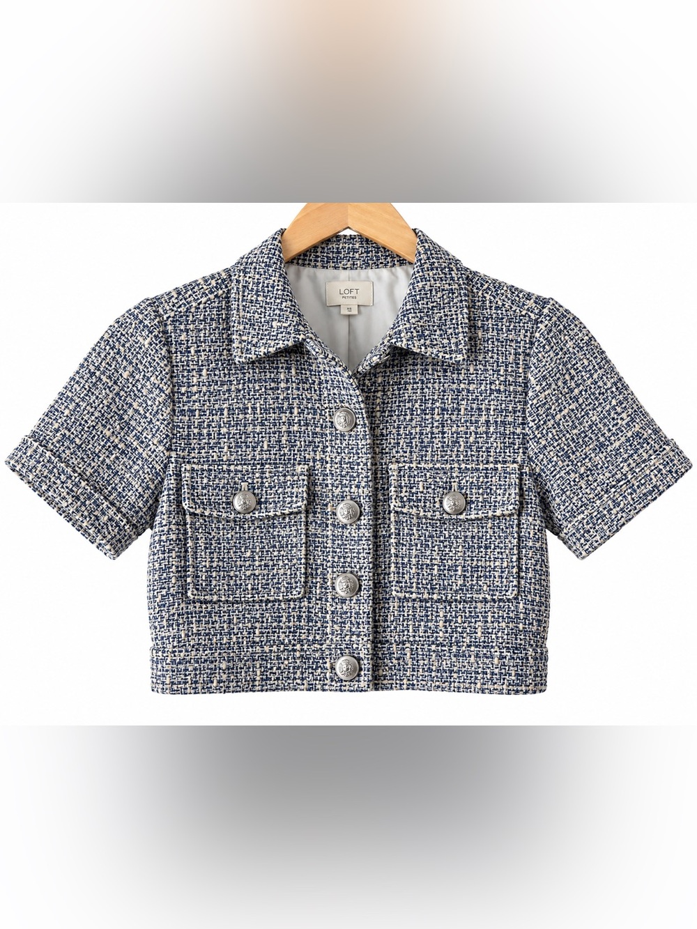 LOFT Tweed Cropped Jacket SP Navy White Short Sleeve Boxy Preppy Lady Jacket